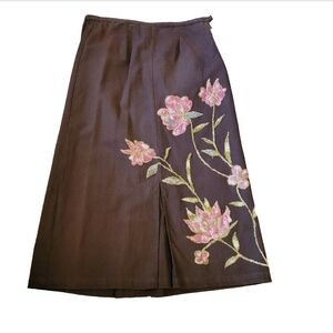 Vintage Putumayo Floral Skirt, Midi Length Brown Flower Embroidered Skirt Sz S